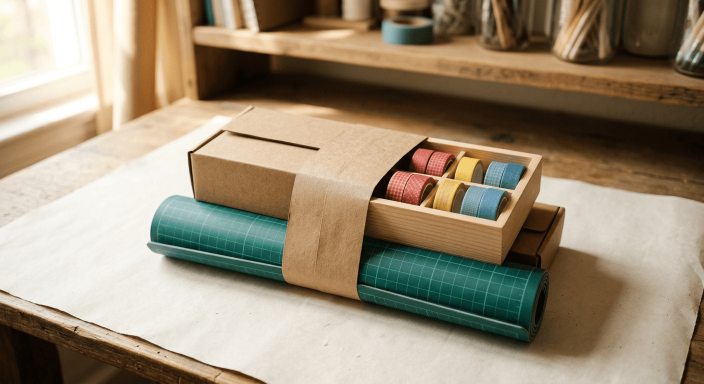 Desk reset craft bundle with mat, storage box and tape rolls