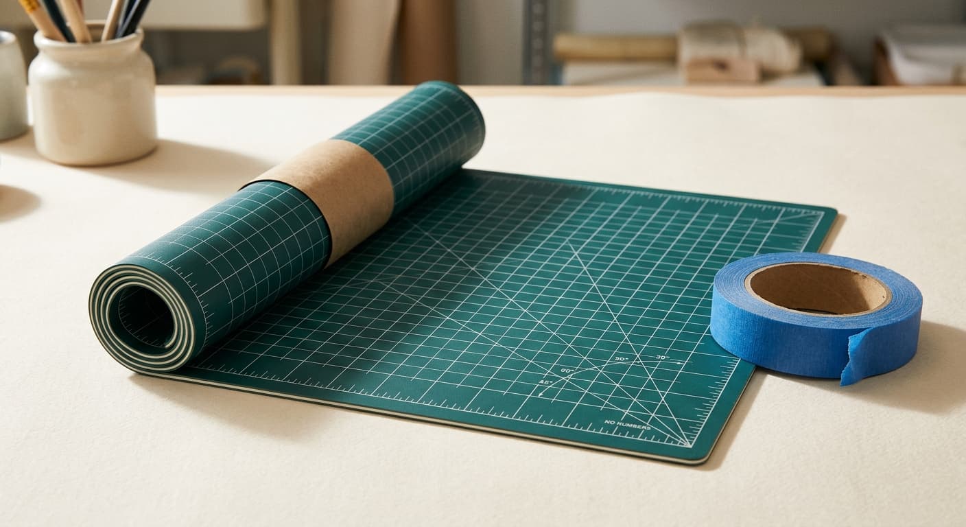 Rolled green self-healing craft mat with printed measuring grid on a counter