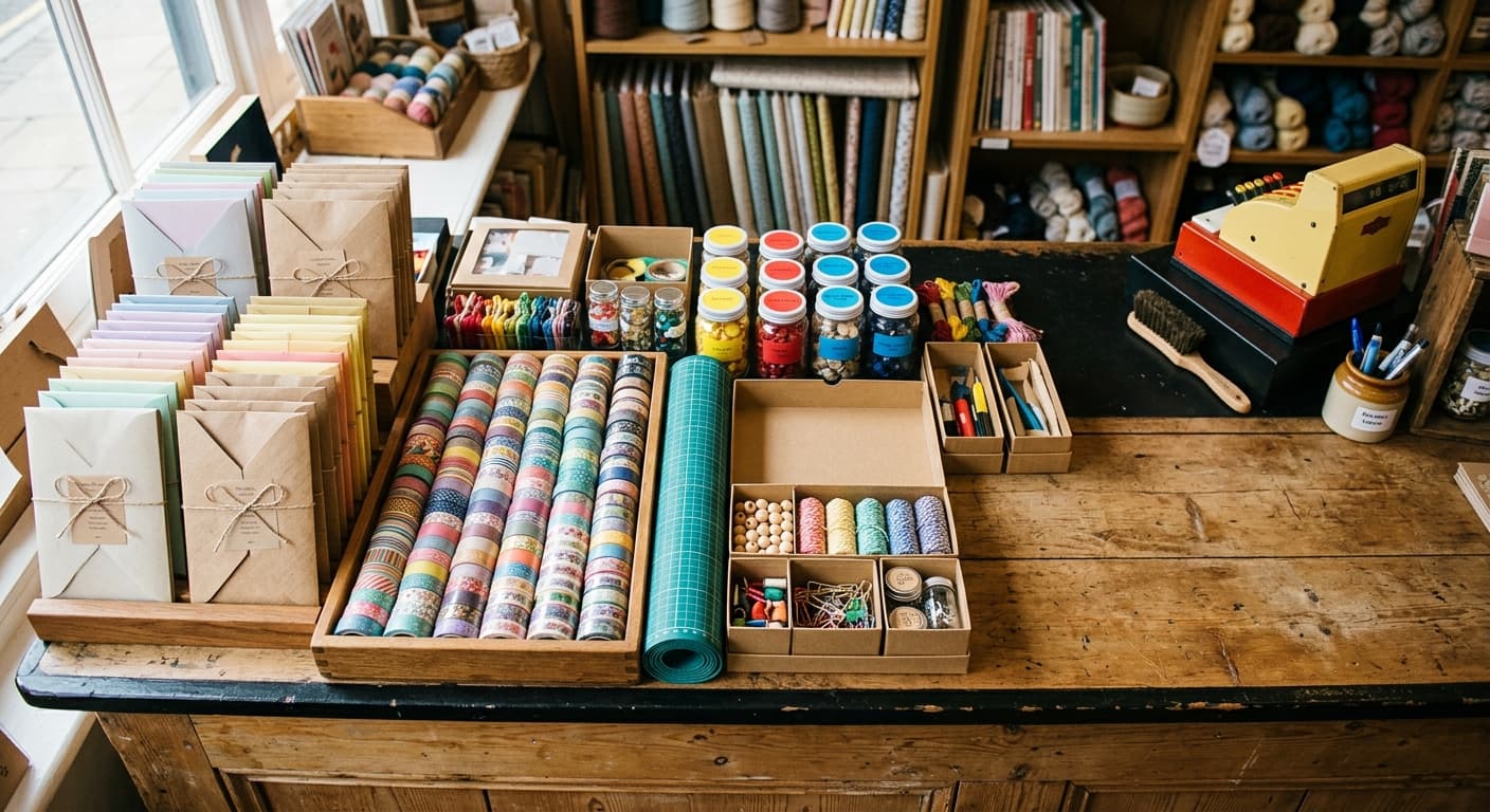 Camden craft counter with fanned paper kits, rows of washi tape rolls, a rolled craft mat, kraft storage boxes and a counter till