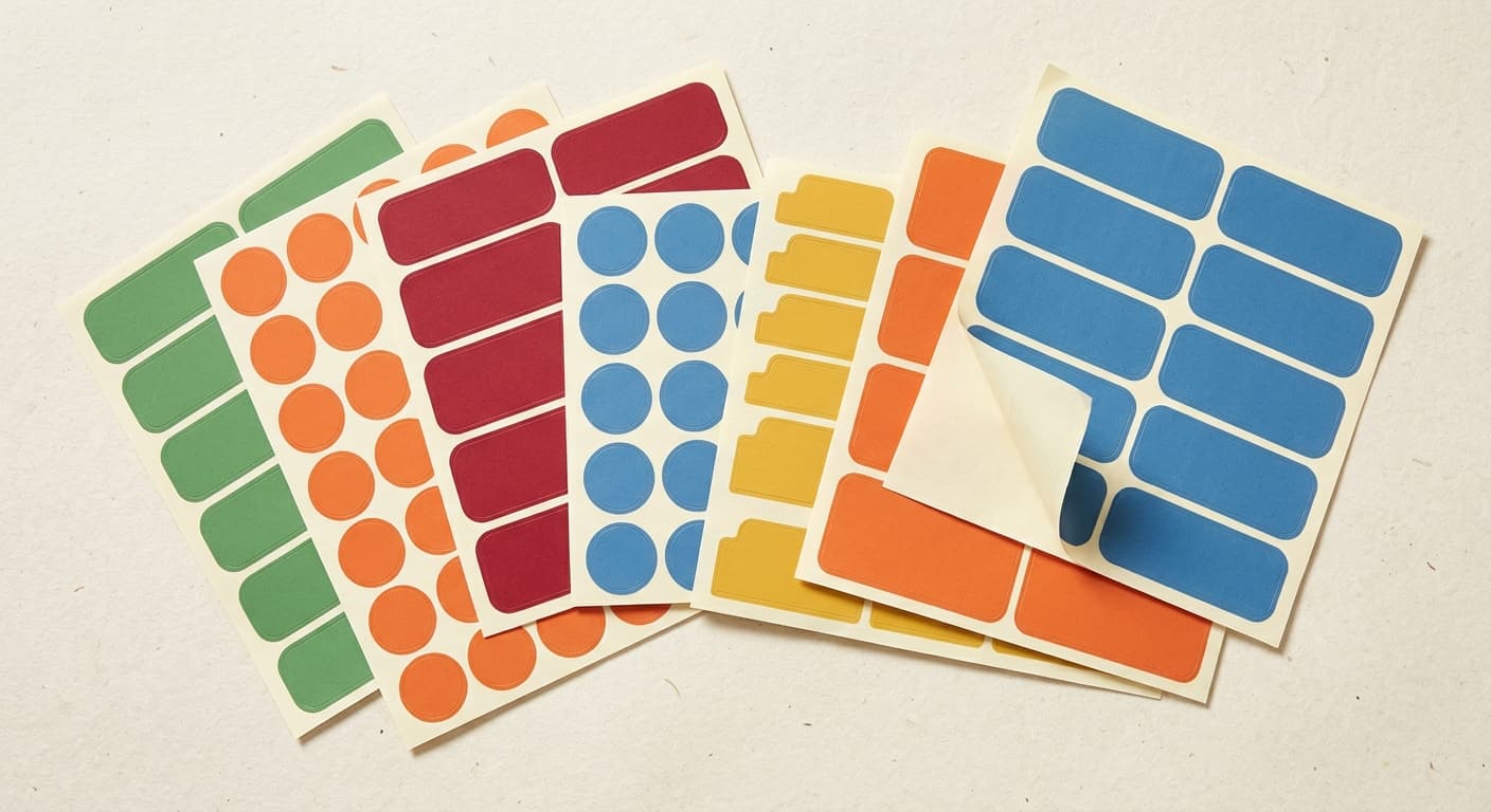 Sheets of bright color-coded peel labels in red, yellow, blue, green and orange
