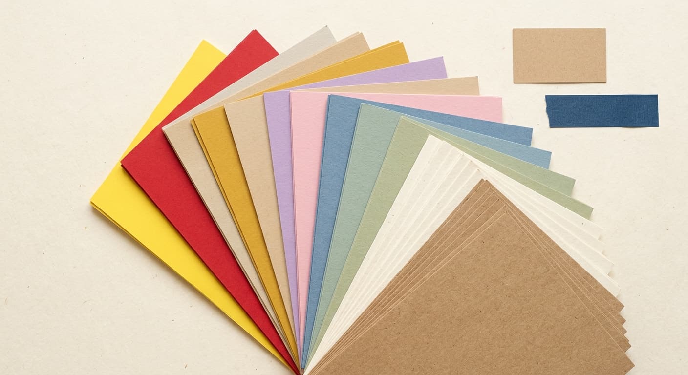 Fanned stack of kraft, pastel and bright craft card sheets on a paper-white counter