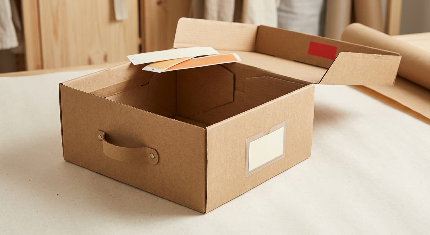 Open kraft flat-pack storage box with a front label window