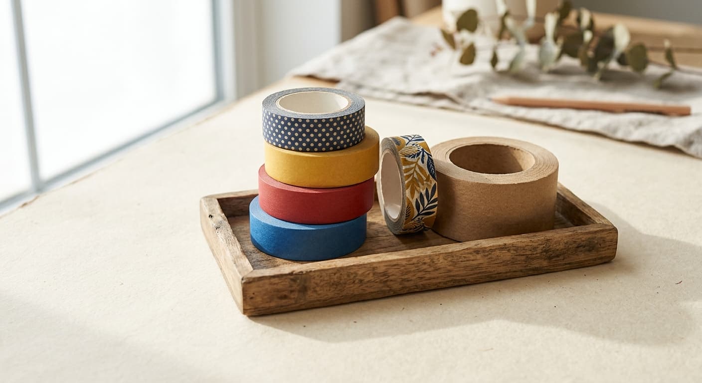 Six colorful washi and kraft tape rolls arranged on a wooden counter tray